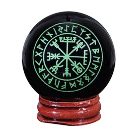 mookaitedecor Engraved Runes Symbol Black Obsidian Crystal Ball Sphere Ornament with Wooden Stand, Healing Crystal Stone Wiccan Witchcraft Gifts Reiki Spiritual Room Desk Decor(Green)