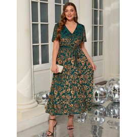 BerryGo Women's Floral Velvet Fall Prom Maxi Dress Semi Formal Wrap Dress for Wedding Guest Vestidos Mujer Elegantes Green 2XL