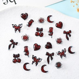 35Pcs Valentine's Day Nail Art Charms 3D Resin Nail Charms Glitter Design Wine Red Nail Art Jewelry Butterfly Heart Flowers Moon Valentines Nail Rhinestone Decals Cute Nail Art Set for Women Manicure