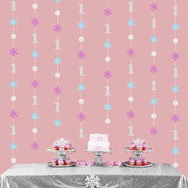 Winter Onederland 1st Birthday Hanging Decorations, Blue Purple Glitter Snowflake First Birthday Garland - Circle Dot Ceiling Streamers for One Year Anniversary