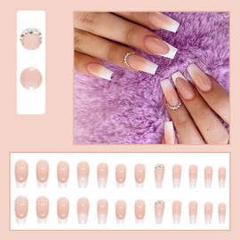 JUSTOTRY 24 Pcs Coffin Ballet Shape Long Press on Nails,Medium Length with White Gradual Nude Rhinestone Designs French Fake False Nails with Glue,Nail Art for Women and Girl Stick on Nails