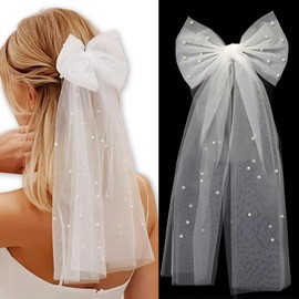 NICECONE Bridal Hair Bow Veil with Pearl - White Wedding Hair Clip with Tulle Veil & Bow, Elegant Bachelorette Party Accessories for Bridal Shower, Hen Night, Bridesmaids