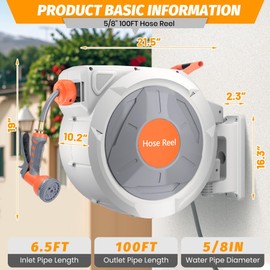 Retractable Garden Hose Reel, 5/8 in x 100 Ft Wall Mounted Hose Reel, 10-Pattern Spray Nozzle, Any Length Lock/Slow Return System/Wall Mounted/180°Swivel Bracket