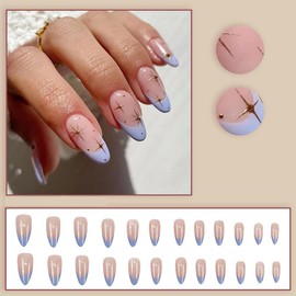 24 Pcs French Tip Press on Nails Medium Almond Shape Star Fake Nails Stick on Nails Reusable French Blue Acrylic Nails Decorate for Women Girls