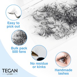 TEGAN LASH 500 Promade Fans Volume Eyelash Extensions, Handmade Loose False Eyelashes, From 3D - 16D, 0.03/0.05/0.07 Thickness, C/CC/D Curl, 9-15mm Length, Pestanas Pelo A Pelo (6D-0.07-D-10)