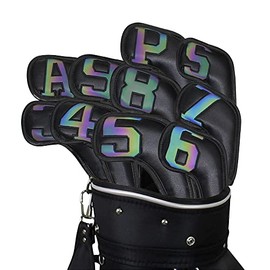 Scott Edward 10 Pcs Leather Iron Golf Head Covers Strong Magnetic Closure Long Neck Protect Club Clearly Number Tag 3-9/A/P/S (Gradient Leather Black)