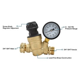 Superior Electric RVA1634 Adjustable Water Pressure Regulator with 45 PSI Gauge – Lead-Free Brass, 3/4 Inch GHT