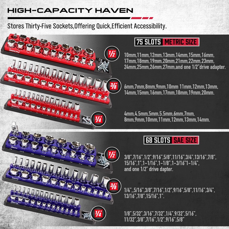 Magnetic Socket Holder Organizer Set: 6-Piece Detachable 1/2 3/8 1/4