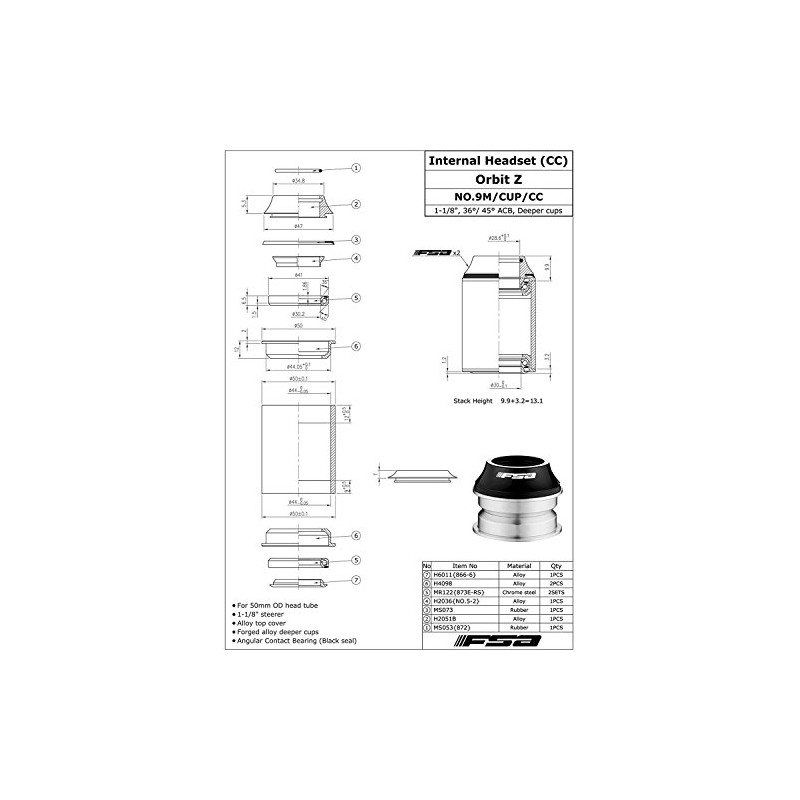 FSA Orbit Z 1-1/8Inches 44mm Threadless 1-1/8Inches Headset with Top