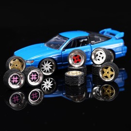 WAVEIST Carlomo 1/64 Scale N-Class Alloy Wheels and Rubber Tires with Axles Detail Up Kits (4pcs/1 Kit) Modified Parts for 1:64 Diecast Model Cars (N009B)