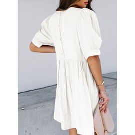Dokotoo Womens Dresses Crewneck Bubble Puff Sleeve High Waisted Solid Color Fashion Casual Buttons Loose Fit Sundresses Flowy Swing Mini Dresses for Women White Small