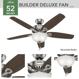 Hunter Fan Company 53090 Builder Deluxe Indoor Ceiling Fan with LED Light and Pull Chain Control, 52", Brushed Nickel Finish