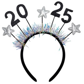 2025 New Year Headbands, Glitter 2025 with Star Headband, Decorative Items for Adults and Children's New Year, New Year's Eve, Indoor and Outdoor Holiday Decoration Supplies (Silver, 1)