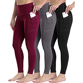 CHRLEISURE Leggings with Pockets for Women, High Waisted Tummy Control Workout Yoga Pants 3 Pack BlackGrayWine S