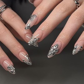 Almond Press on Nails Silver Fake Nails French Tip False Nails Press ons 3D Silver Chrome Design Glue on Acrylic Nails for Women Manicure Art Decoration 24Pcs