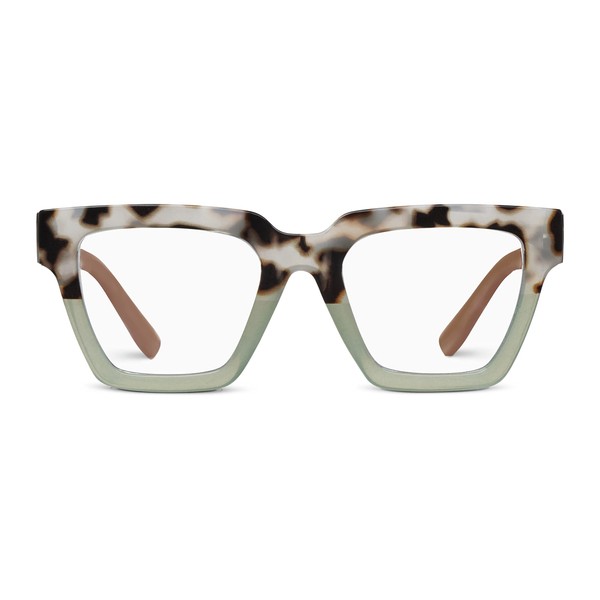 Peepers by PeeperSpecs Women's Take a Bow Square Blue Light Blocking Reading Glasses, Chai Tortoise/Green, 51 + 1.5