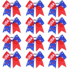 12pcs 8" American Flag Cheer Bows for Girls, Oaoleer 4th of July Cheerleading Hair Bow Independence Day Hair Accessories for Teens Women Girls