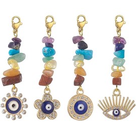 T.F&CI DECOR Evil Eye Keychain with 7 Chakra Crystals and Healing Stones, Feng Shui Good Luck Amulet, Spiritual Gift for Women, Quartz Bag Charm, Turkish Key Ring, 4PCS