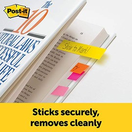 Post-it marcadores de página, colores surtidos, 1/2" x 2", 100 hojas/almohadilla, 5 almohadillas/paquete (670-5AN)