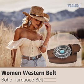 WERFORU Women's Brown Leather Belt Vintage Turquoise Buckle Belt Unisex Western Cowgirl Faux Leather Belt