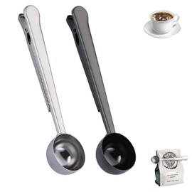 Phyxiul Coffee Spoons 2-Pack Measuring Spoons Stainless Steel 2-in-1 Coffee Scoop & Bag Clip Coffee Supplies Stainless Steel Measuring Teaspoon (Black+Silver)