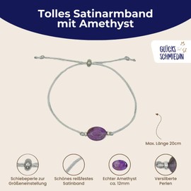 Glücksschmiedin - Amethyst Armband Damen mit Karten-Set, Edelsteinarmband lila mit Silberperlen und edler Geschenkbox mit 6 verschiedenen Glückwunschkarten für jeden Anlass.
