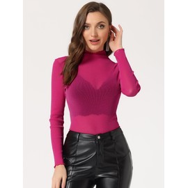 Allegra K Women's Mesh Sheer Party Top Shiny Slim Long Sleeve Mock Neck Blouse Small Sheer Hot Pink