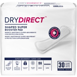 Dry Direct Shaped Super Incontinence Booster Pads, Adds 4 Cups Extra Absorbency to Adult Diapers, Super Soft, Adhesive Strip Backing, Unisex (Pack of 30 Pads)