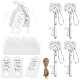 20 PCS Vintage Skeleton Key Bottle Opener with Organza Bags, Thank You Tags, Jute Rope and Chains - Perfect Wedding Gifts and Baby Shower Favors for Guests (Silver)