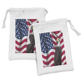 Ambesonne Eagle Fabric Pouch Set of 2, American Flag a Avian Animal USA Theme Image Print Old Glory Background and Bird, Small Drawstring Bag for Toiletries Masks and Favors, 9" x 6", Multicolor