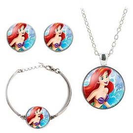 EC Trading Little Mermaid Glass Dome Pendant Necklace, Earring, Bracelet Set