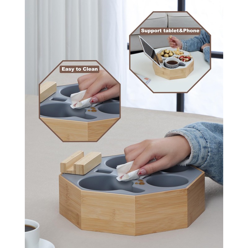 Hitseon Couch Cup Holder Tray, Octagonal Silicone Bamboo Sofa Cup