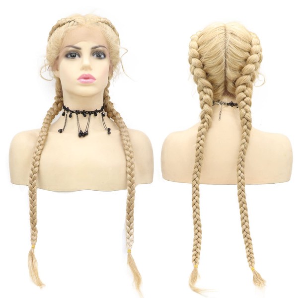 Blonde Synthetic Double Braid Lace Front Wig with Baby Hair Natural Looking Long Braided Wigs for Black Women Glueless Heat Resistant Fiber Hair Replacement Wig Handmade Twist Braids Long Hair Cosplay Drag Queen 32 Inches