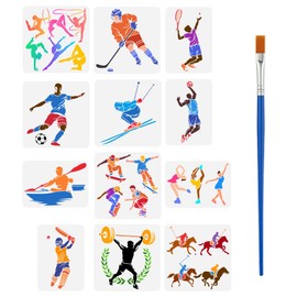 FINGERINSPIRE 12PCS Sport Athlete Painting Stencils with Bamboo Brush Reusable Sports Competition Templates Tennis Football Basketball Baseball Stencils Ice Hockey Skiing Ice Skating Templates