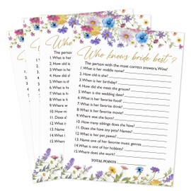 Wildflower Wedding Shower Games, Who Knows Bride Best Bridal Shower Games Cards, Spring Flowers Bachelorette Party Games, Wedding Games Card For Engagement Party Supplies, Set Of 25 Games Card,09