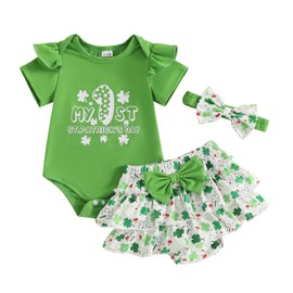 niceclould My 1St St Patrick Day Baby Girl Outfit Clover Short Sleeve Romper Ruffles Shorts Headband 3Pcs Irish Clothes (A-Green, 0-3 Months)