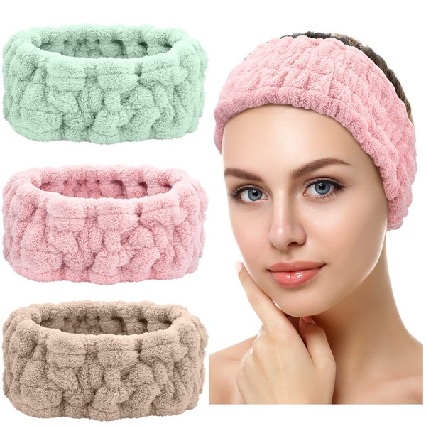 Pack of 3 Spa Face Headbands for Make Up and Washing Face Terry Cloth Cosmetic Hair Bands Yoga Sport Elastic Makeup Headband for Girls Women (Pink, Green, Brown)