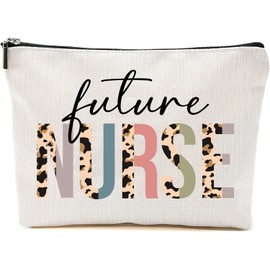 HTDesigns Future Nurse Cosmetics Bag - Leopard Future Nurse Makeup Bag - Gifts For Future Nurse - Future Nurse Birthday Gift - Cosmetic Travel Pouch Bag, White, 7''x9.8''