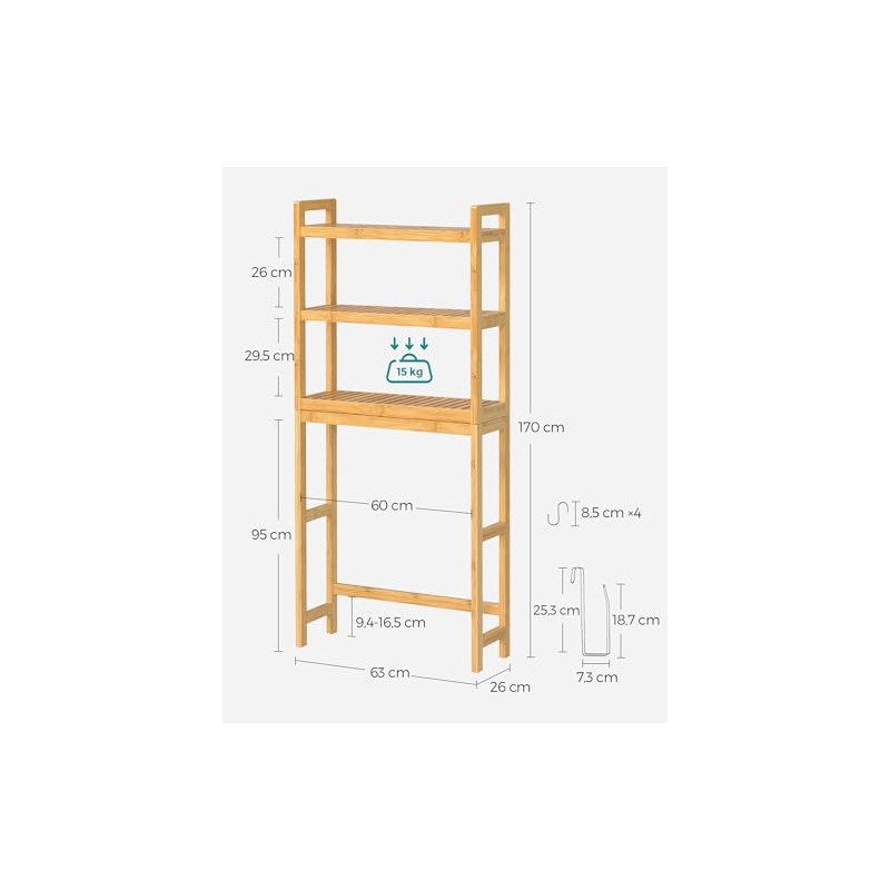 SONGMICS Estante para Baño sobre Inodoro, Ajustable, De Bambú, 3