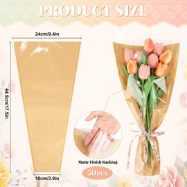 ROLYTA 50 Pcs Flower Sleeves for Bouquets, 9.4x17.5inches Floral Wrapping Paper for Bouquets, Kraft Paper for Flower Wraps, Rose Sleeves Bulk Flower Bags for Wedding Graduation Birthday Mother's Day
