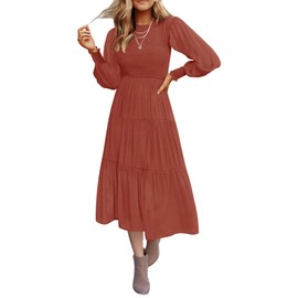 ZESICA Women's 2024 Casual Long Sleeve Crew Neck High Waist Smocked Flowy Tiered Midi Dress,Rust,Large