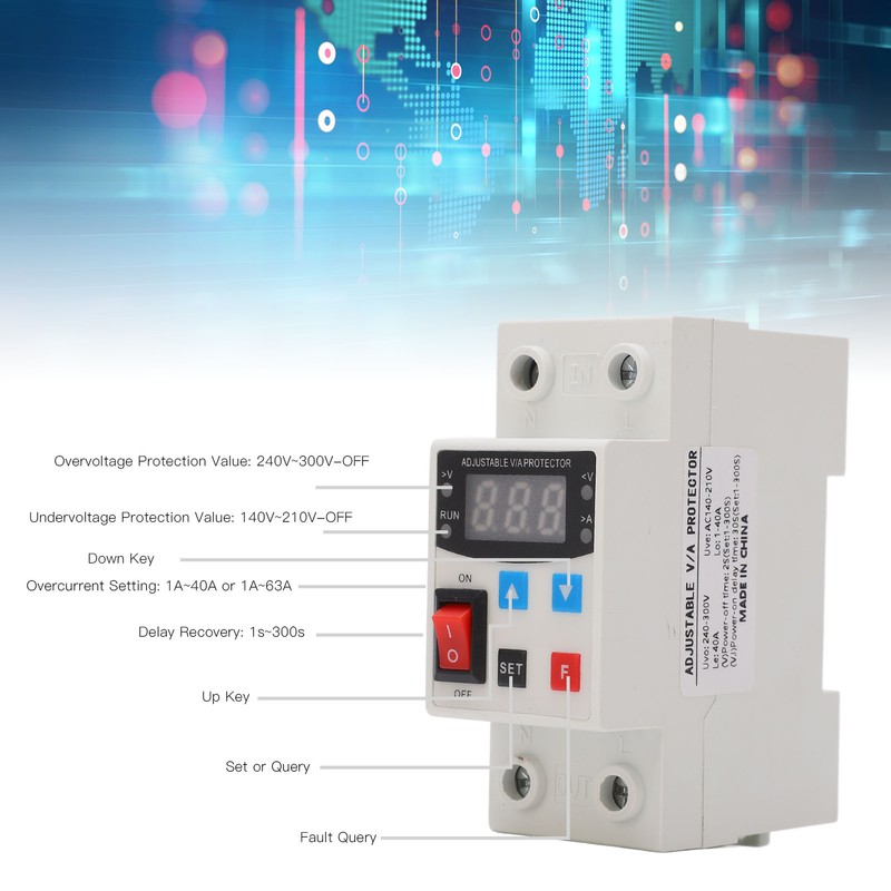 Over Under Voltage Protective Device Adjustable Auto Reset Protector 240V‑300V