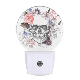 EKOBLA Skull Floral Decorative Night Light Goth Spooky Sugar Skull Skeleton with Pink Flower Rose Night Lamp Auto on/Off Bedroom Bathroom Decor for Men Women Boys Girls