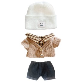 niannyyhouse 20cm Plush Doll Clothes Hat Button Denim Flange Jeans Doll Dressup (White+Brown)