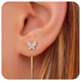 14K Gold Plated 925 Sterling Silver Posts Bow Earrings for Women, Cubic Zirconia Butterfly Stud Earrings, Hypoallergenic Fashion Jewelry Gifts for Women (Exchange-Tassel)