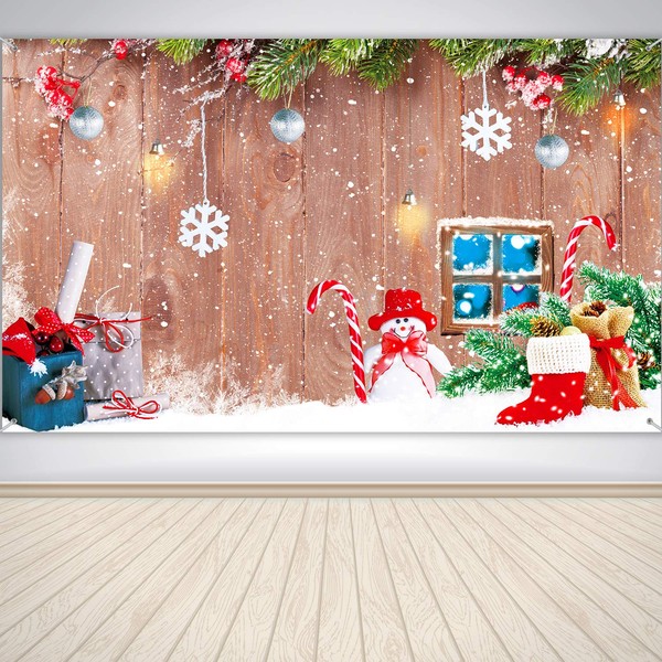 Christmas Party Decoration Supplies, Large Wood and Snowman Design Photo Backdrop for Winter Home Party, Christmas Holiday Winter Home Banner Wood and Snowman Background Banner, 72.8 x 43.3 Inch