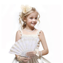 Zinniday Girls Fascinator Tea Hat - Tea Party Set for 1920s Costume Party, Off White Church Top Hats with Pearl Necklace Earring Hand Fan and Lace Gloves Set