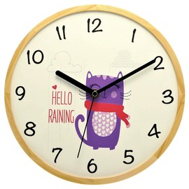 Holzwerk Germany Eco Nature Children's Wall Clock Children Boys Girls with Cat Kitten Motif Animals Wooden Silent Clock without Ticking Noises 24.7 cm Diameter Purple Red White