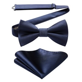 HISDERN Solid Pre-tied Bow Tie Adjustable Men's Boys Bowtie Jacquard Woven Party Handkerchief Pocket Square Set Navy Blue