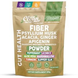 Clean Nutra Gut Health Powder with Fiber, Psyllium Husk, Acacia, Ginger, Apigenin, Peppermint, Licorice, Aloe Vera, Marshmallow, Turmeric, and Slippery Elm – 30 Servings, 190g, Vegan, Non-GMO